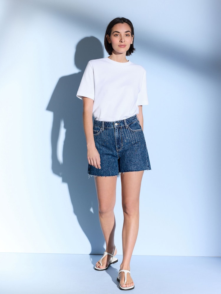 Mid Blue 100% Cotton Embellished Denim Shorts - Image 2 of 7