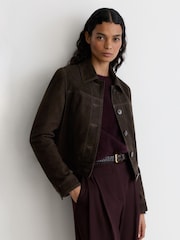 Reiss Ebony Brown Callie Suede Trucker Jacket - Image 1 of 7