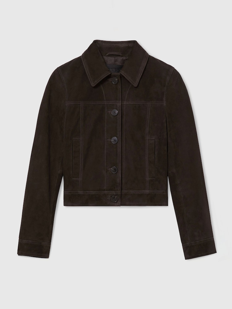 Reiss Ebony Brown Callie Suede Trucker Jacket - Image 2 of 7