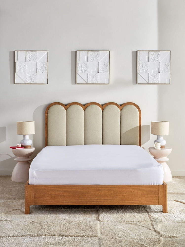 Contemporary Tweed Natural Linen Arches Wood Upholstered Bed Frame - Image 2 of 6