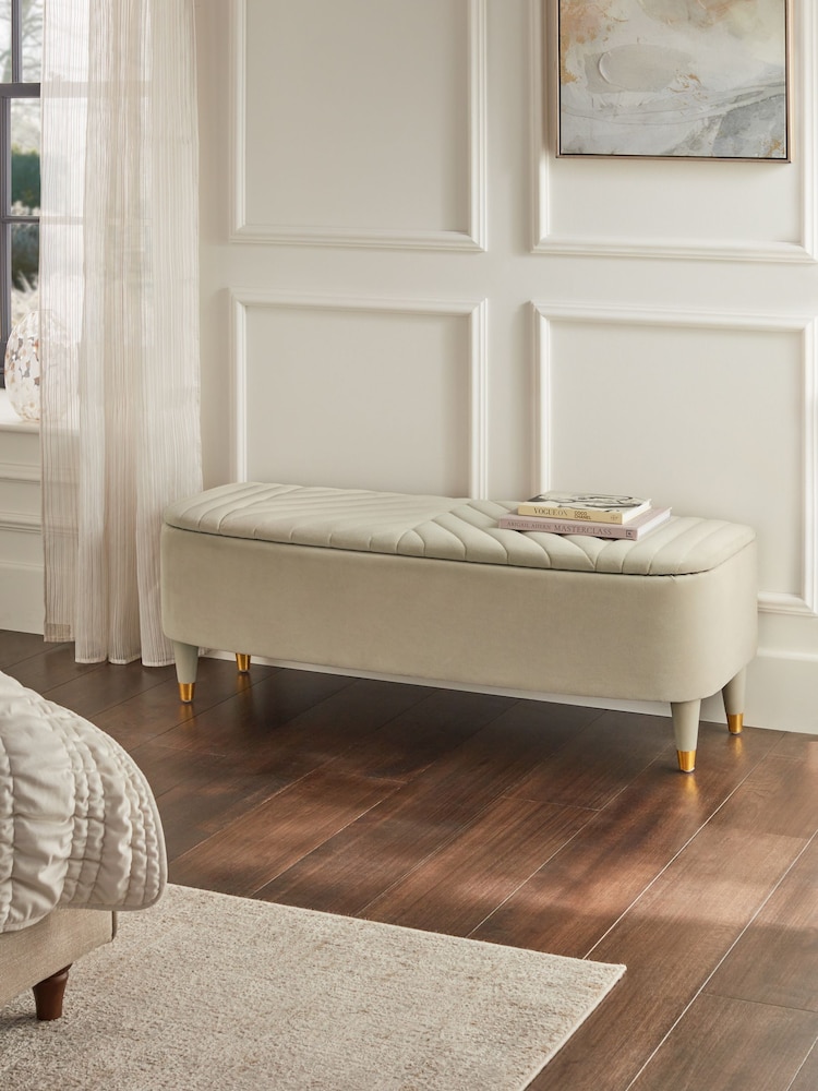 Soft Velvet Natural Pebble Valencia Upholstered Storage Ottoman - Image 1 of 7