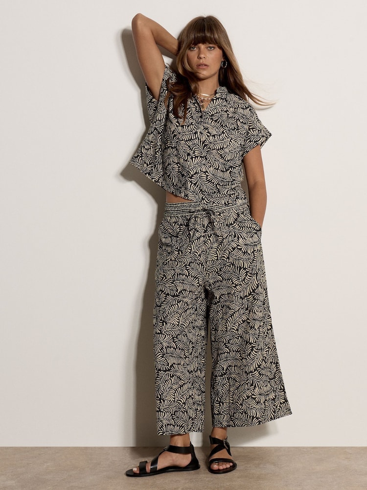 Apricot Black Leaf Print Cotton Shirt - Image 1 of 4