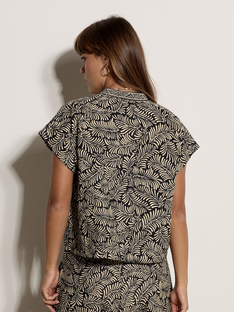 Apricot Black Leaf Print Cotton Shirt - Image 2 of 4