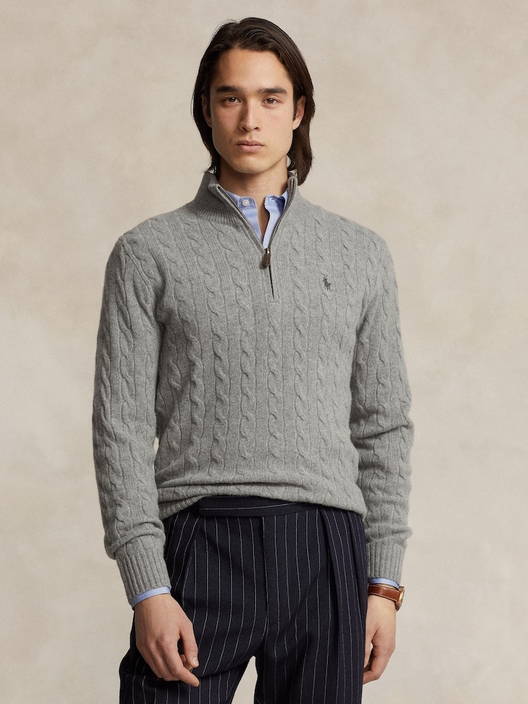 Polo Ralph Lauren Grey Wool Cashmere Cable Knit Quarter Zip Jumper - Image 1 of 2 Polo Ralph Lauren Grey Wool Cashmere Cable Knit Quarter Zip Jumper - Image 1 of 2