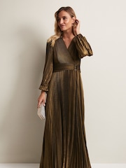 Phase Eight Brown/Gold Adrianna Foil Pleated Maxi Dress - Image 1 of 4