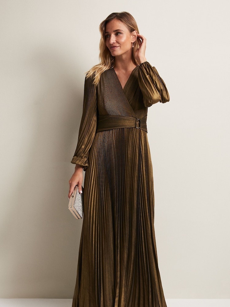Phase Eight Brown/Gold Adrianna Foil Pleated Maxi Dress - Image 1 of 4