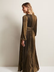 Phase Eight Brown/Gold Adrianna Foil Pleated Maxi Dress - Image 2 of 4