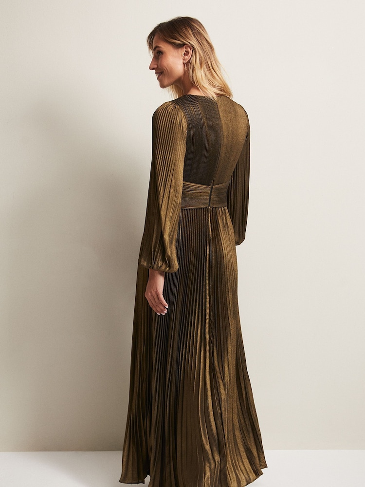 Phase Eight Brown/Gold Adrianna Foil Pleated Maxi Dress - Image 2 of 4