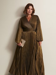 Phase Eight Brown/Gold Adrianna Foil Pleated Maxi Dress - Image 3 of 4