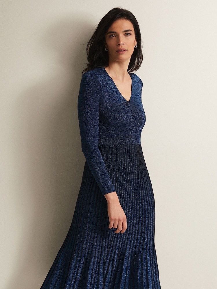 Phase Eight Blue Jessamin Shimmer Knitted Midi Dress - Image 1 of 5