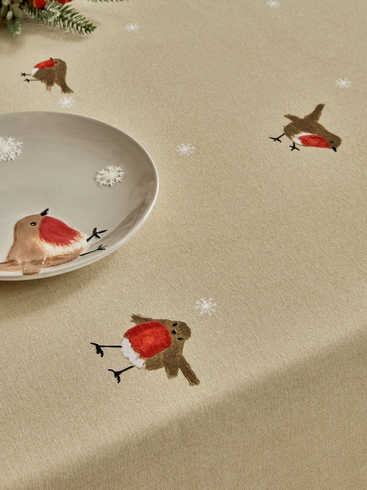 Natural Christmas Robin 100% Cotton Table Cloth - Image 1 of 2