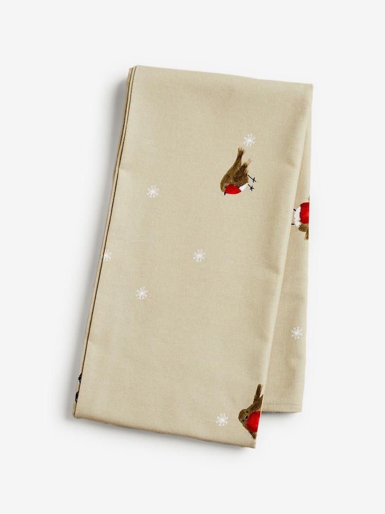 Natural Christmas Robin 100% Cotton Table Cloth - Image 2 of 2