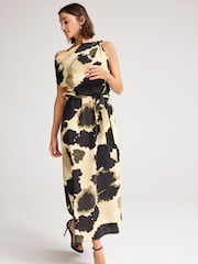 Cream/Black Cow Smudge Print Sleeveless Knot Shoulder Column Maxi Dress - Image 1 of 6