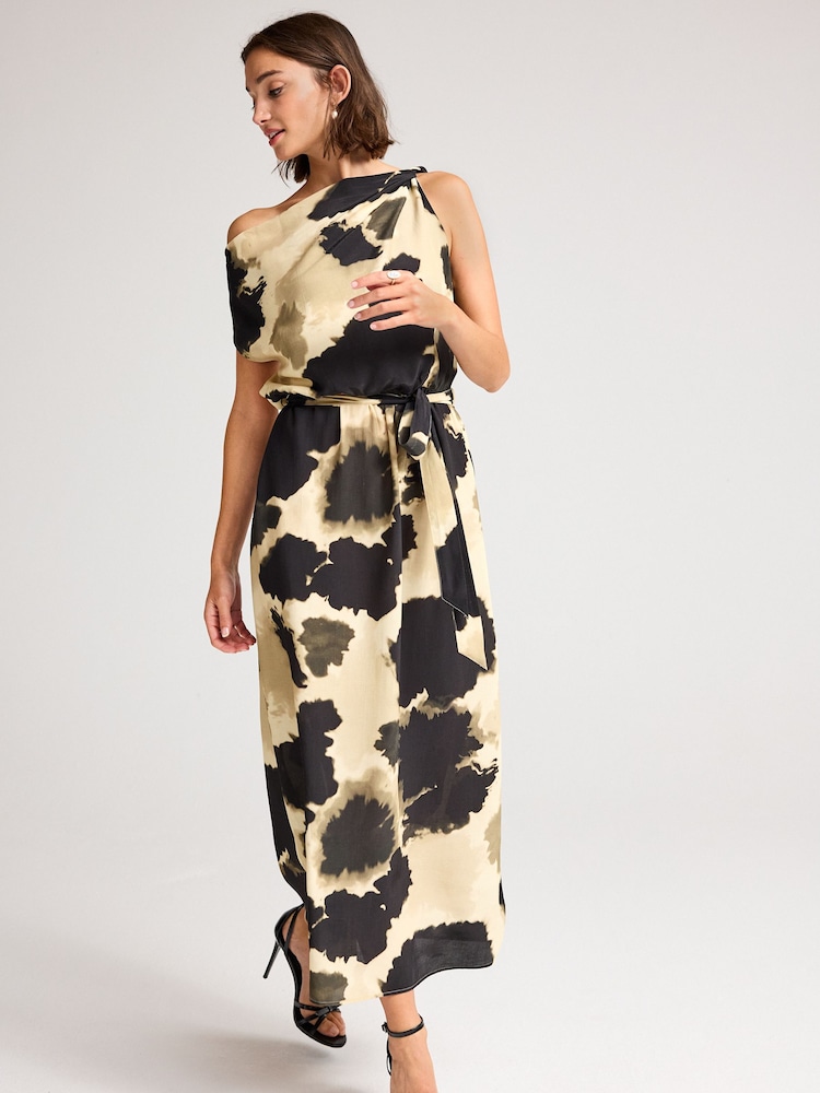 Cream/Black Cow Smudge Print Sleeveless Knot Shoulder Column Maxi Dress - Image 1 of 6