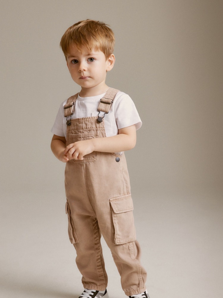 Tan Brown 100% Cotton Cargo Dungarees (3mths-7yrs) - Image 1 of 8