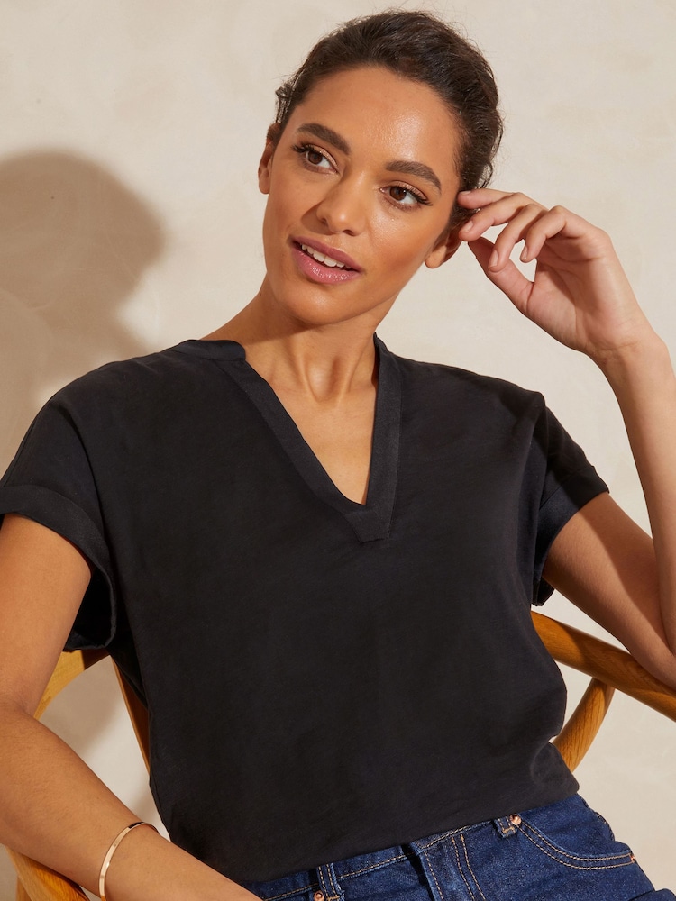Love & Roses Black Petite Jersey V Neck Woven Trim Short Sleeve T-Shirt - Image 1 of 4