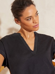 Love & Roses Black Petite Jersey V Neck Woven Trim Short Sleeve T-Shirt - Image 2 of 4