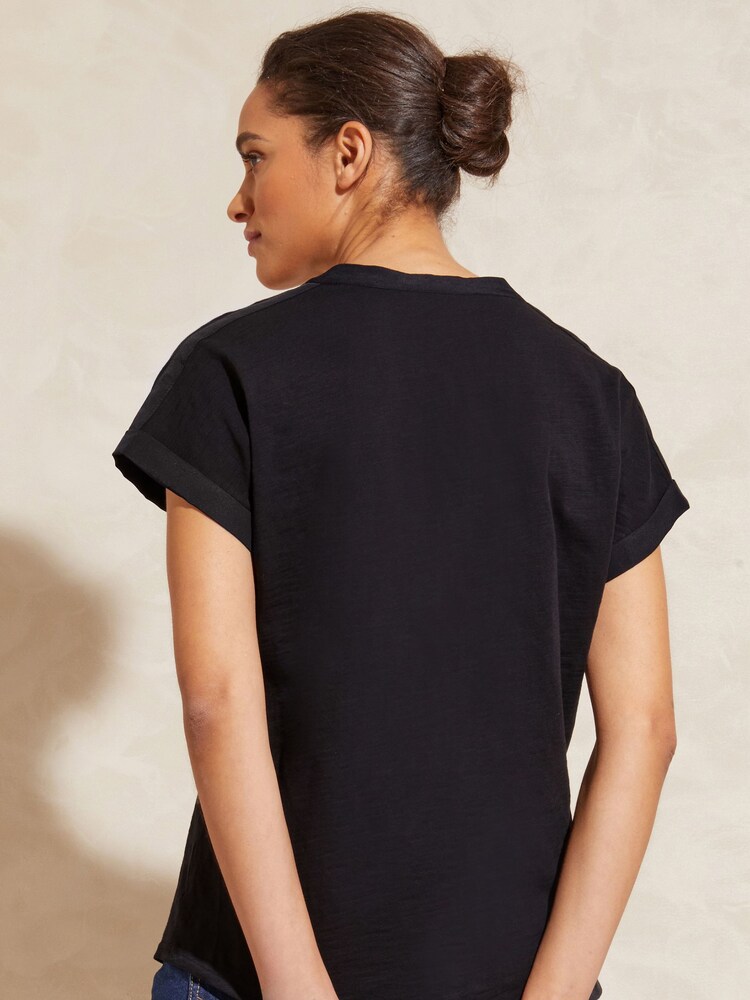 Love & Roses Black Petite Jersey V Neck Woven Trim Short Sleeve T-Shirt - Image 3 of 4