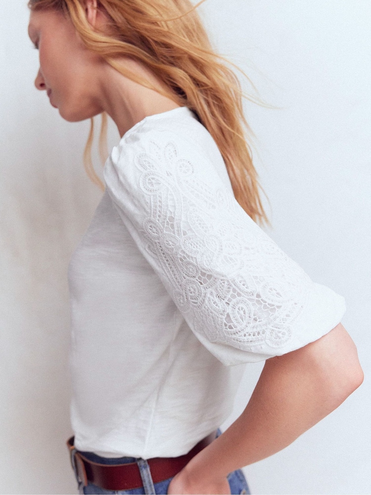 Boden White Cutwork Detail Jersey Top - Image 2 of 4 Boden White Cutwork Detail Jersey Top - Image 2 of 4