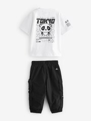 Black Multi Pocket Cargo Trousers & T-Shirt Set (3mths-7yrs) - Image 6 of 9