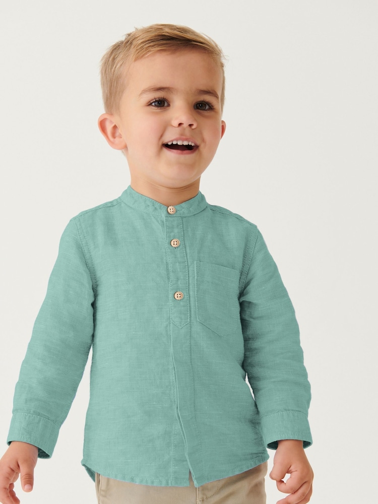Green Grandad Collar Linen Mix Shirt (3mths-7yrs) - Image 1 of 1