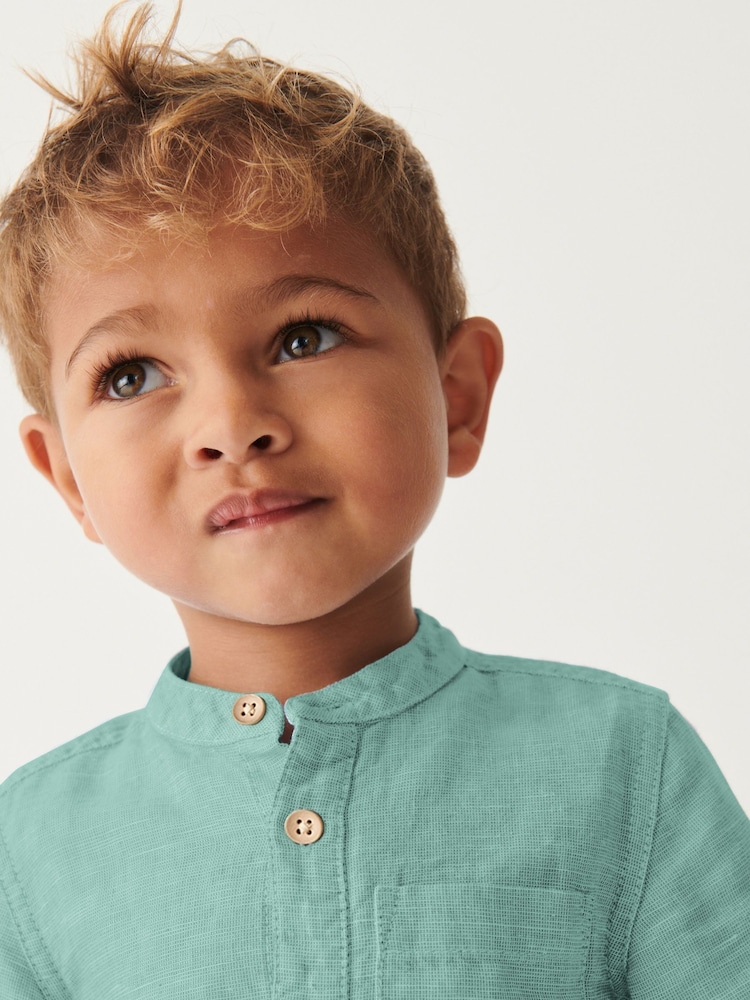 Vert - Chemise Lin Mix à col grand-père (3mths-7yrs) - Image 3 of 6
