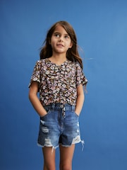 Mid Blue 100% Cotton Frayed Edge Distressed Shorts (3-16yrs) - Image 1 of 6