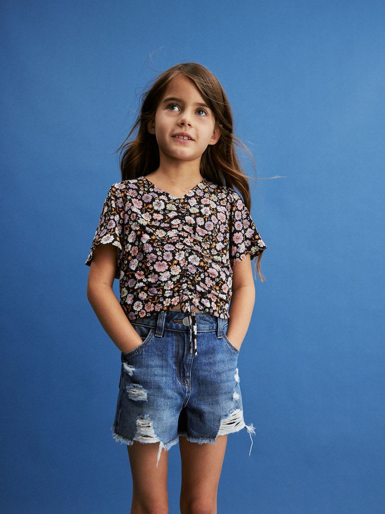 Mid Blue 100% Cotton Frayed Edge Distressed Shorts (3-16yrs) - Image 1 of 6
