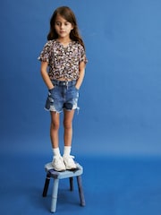 Mid Blue 100% Cotton Frayed Edge Distressed Shorts (3-16yrs) - Image 2 of 6