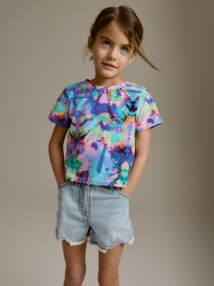 Mid Blue Rainbow Frayed Edge Distressed Shorts (3-16yrs) - Image 1 of 7