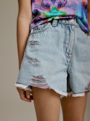 Mid Blue Rainbow Frayed Edge Distressed Shorts (3-16yrs) - Image 2 of 7