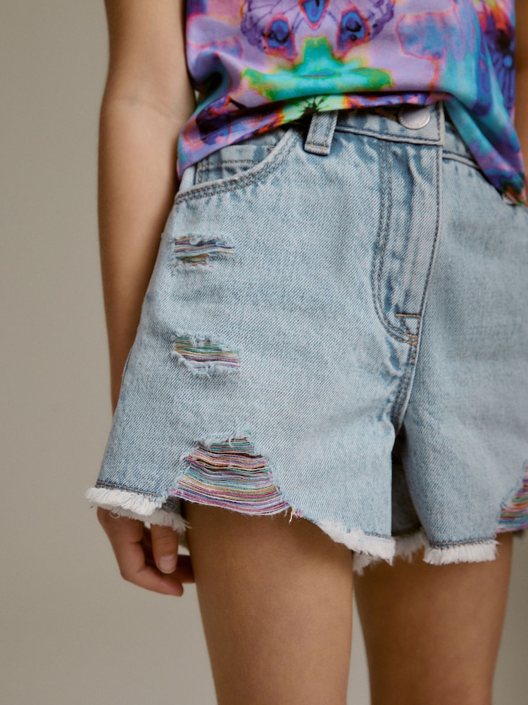 Mid Blue Rainbow Frayed Edge Distressed Shorts (3-16yrs) - Image 2 of 7