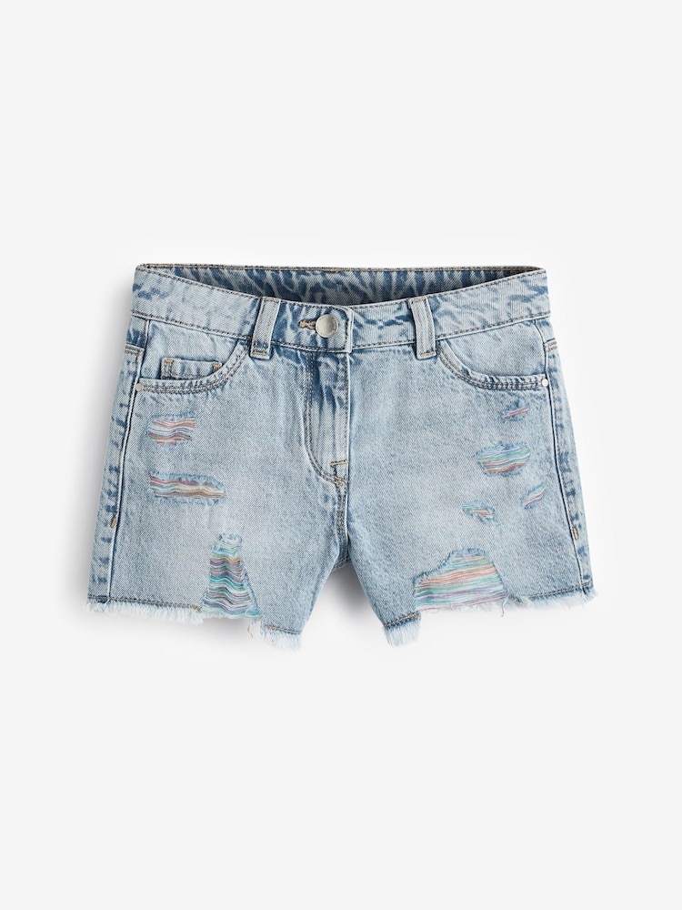 Mid Blue Rainbow Frayed Edge Distressed Shorts (3-16yrs) - Image 5 of 7