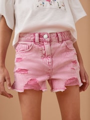 Pink 100% Cotton Frayed Edge Distressed Shorts (3-16yrs) - Image 1 of 5