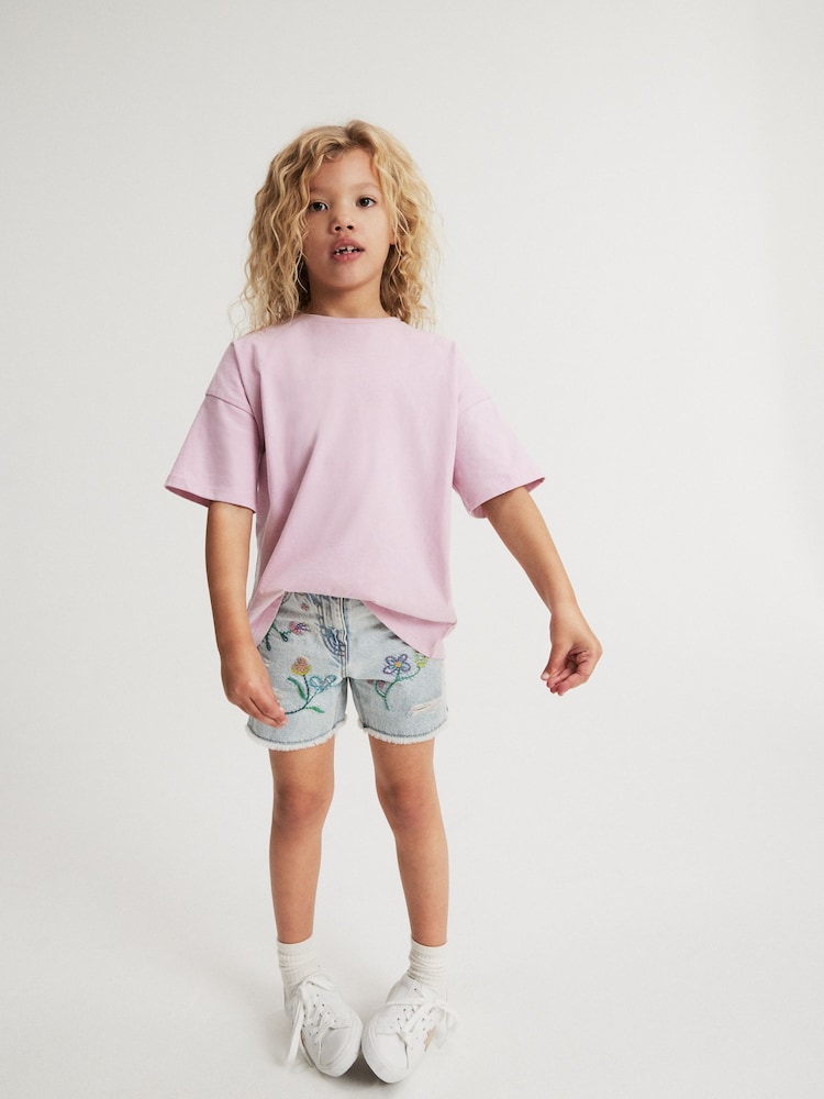 Mid Blue Floral Embroidery Denim Shorts (3-16yrs) - Image 2 of 7