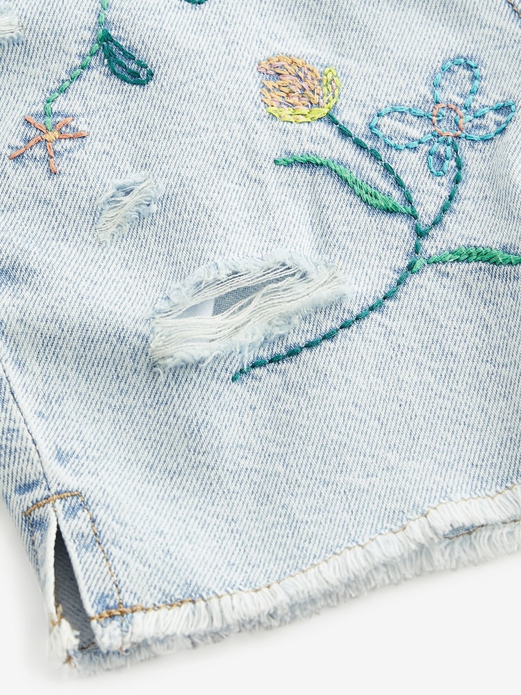 Mid Blue Floral Embroidery Denim Shorts (3-16yrs) - Image 7 of 7