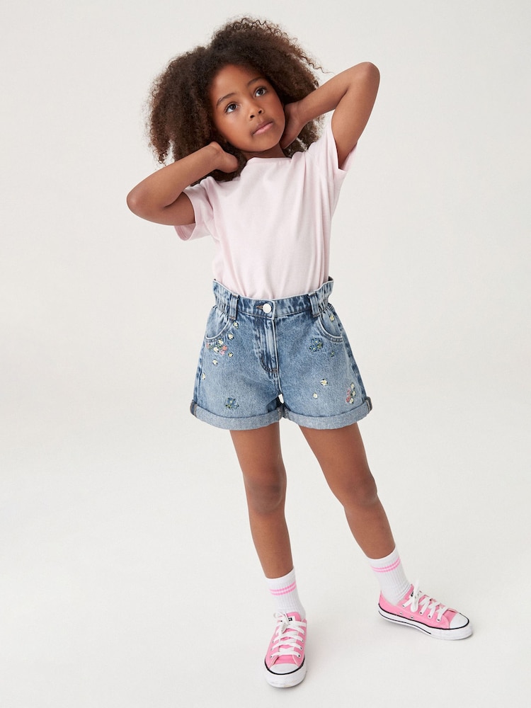 Mid Blue Floral Print Embroidery 100% Cotton Denim Shorts (3-13yrs) - Image 1 of 7