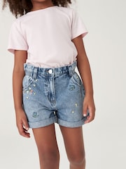 Mid Blue Floral Print Embroidery 100% Cotton Denim Shorts (3-13yrs) - Image 2 of 7