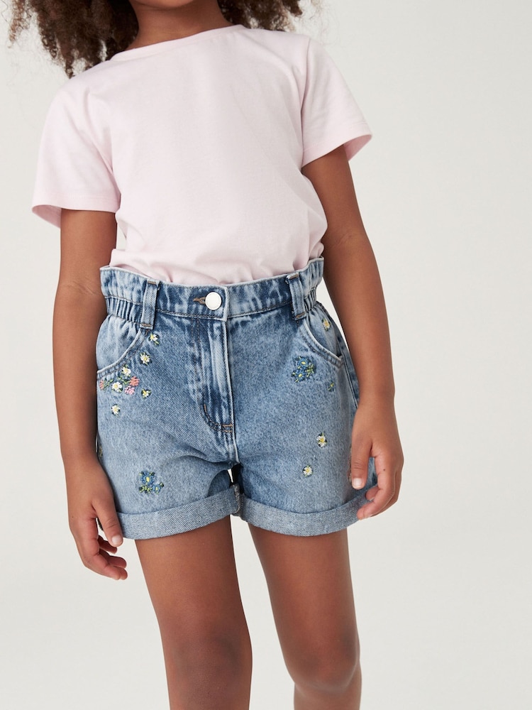 Mid Blue Floral Print Embroidery 100% Cotton Denim Shorts (3-13yrs) - Image 2 of 7