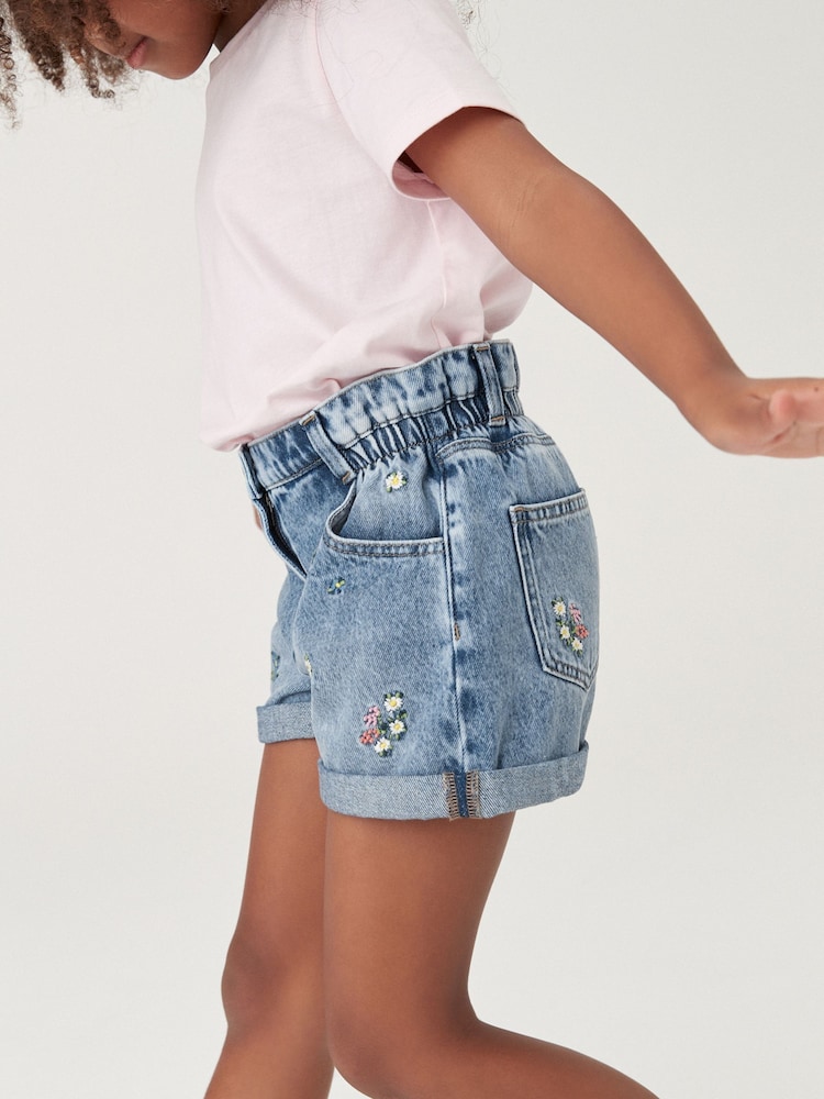 Mid Blue Floral Print Embroidery 100% Cotton Denim Shorts (3-13yrs) - Image 4 of 7