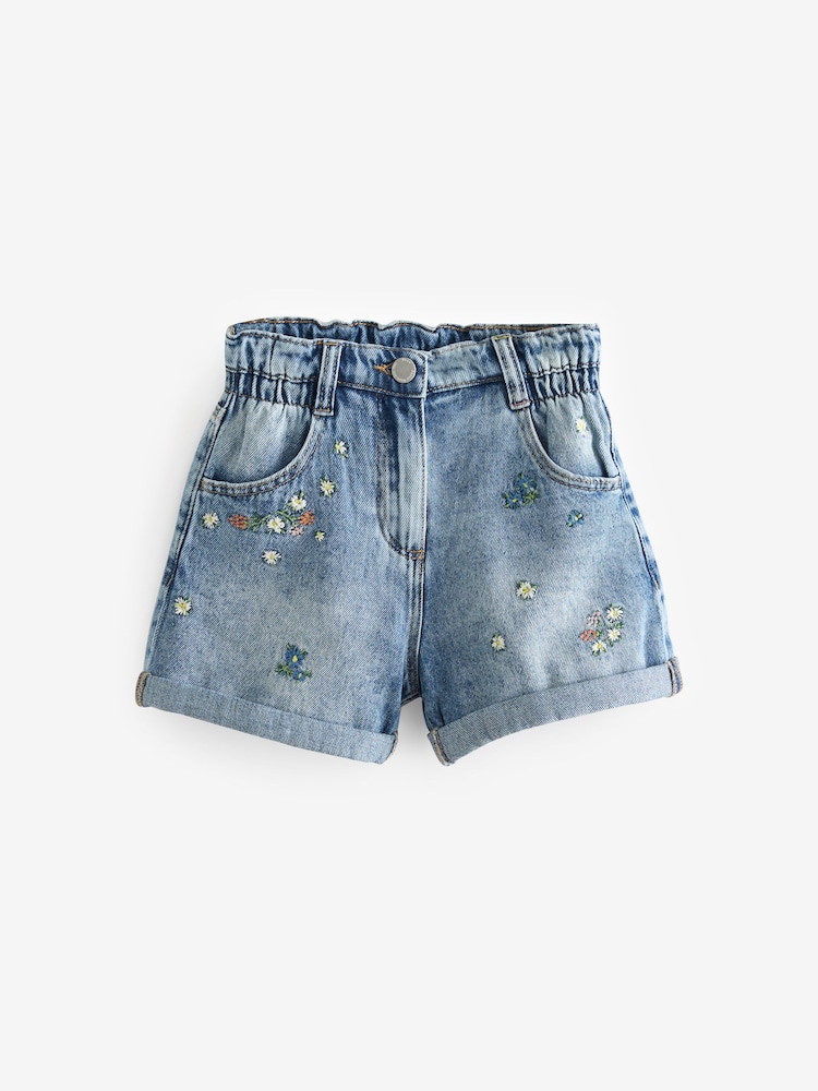Mid Blue Floral Print Embroidery 100% Cotton Denim Shorts (3-13yrs) - Image 5 of 7