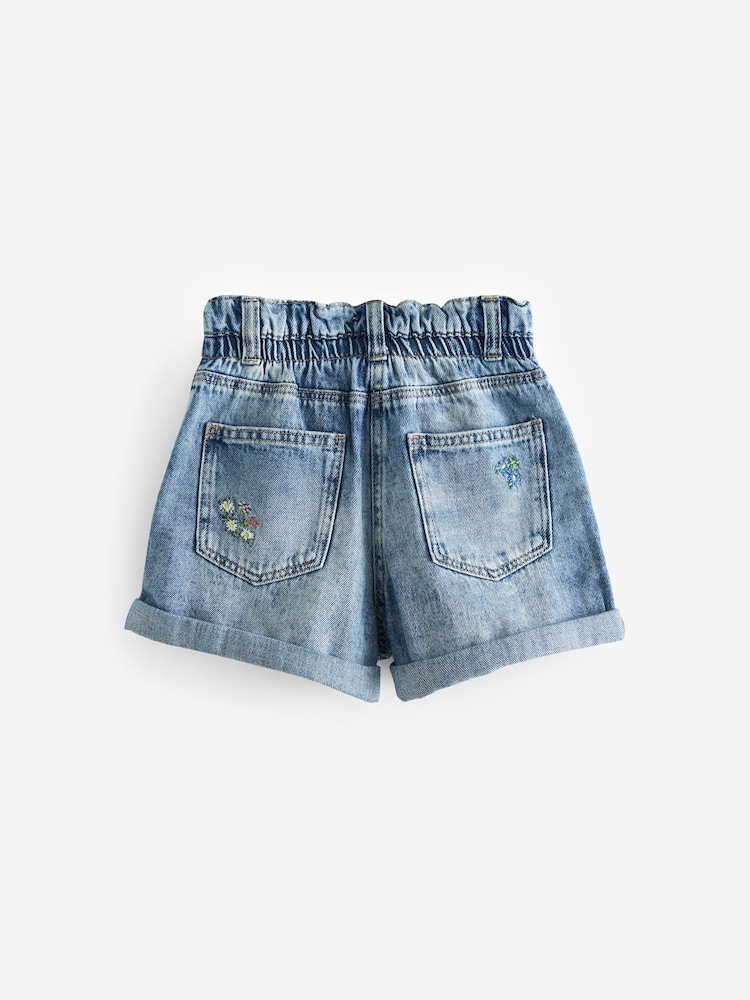 Mid Blue Floral Print Embroidery 100% Cotton Denim Shorts (3-13yrs) - Image 6 of 7