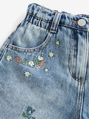 Mid Blue Floral Print Embroidery 100% Cotton Denim Shorts (3-13yrs) - Image 7 of 7