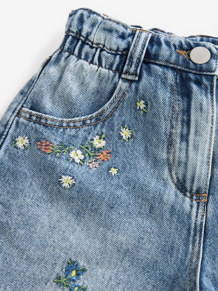 Mid Blue Floral Print Embroidery 100% Cotton Denim Shorts (3-13yrs) - Image 7 of 7
