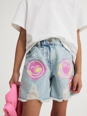 Light Blue Denim Smileyworld Regular Length 100% Cotton Frayed Edge Denim Shorts (3-16yrs) - Image 4 of 8