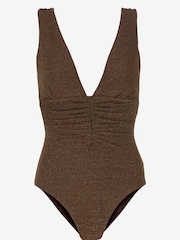 Mint Velvet Bronze Sparkle Rib Plunge Ruched Swimsuit - Image 7 of 8