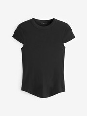 Black Ribbed Short Sleeve Curved Neck Top - Image 1 of 2
