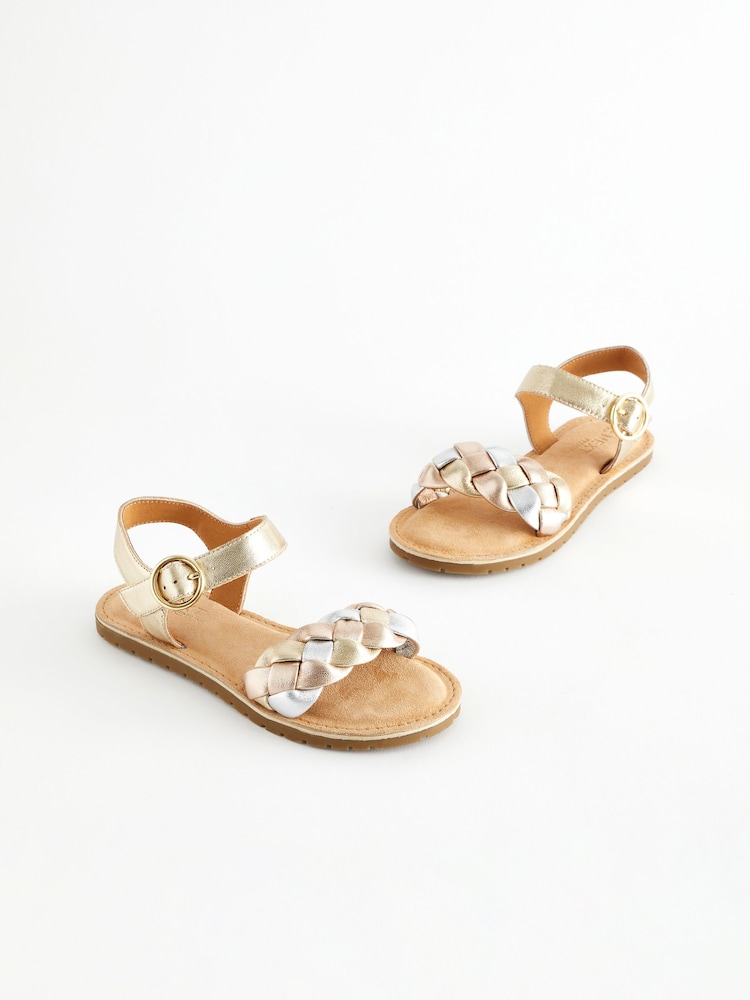 Gold Silver Metallic Leather Plaited Sandals - Image 1 of 6