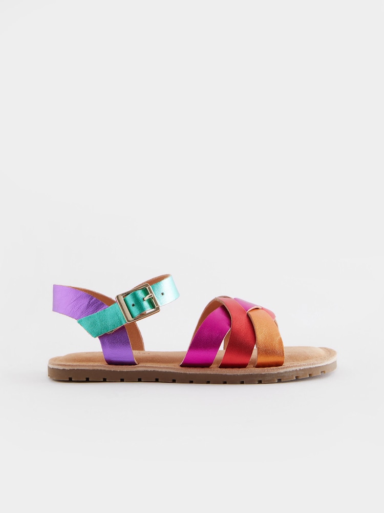 Multi Rainbow Standard Fit (F) Leather Woven Sandals - Image 2 of 5
