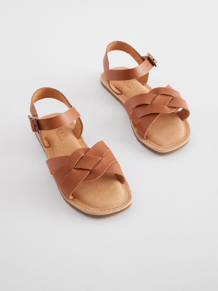 Tan Brown Standard Fit (F) Leather Woven Sandals - Image 1 of 5